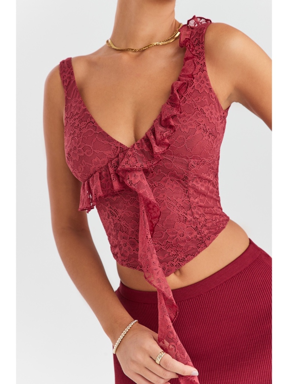 NEW Mistress Rocks Sangria Lace Frill Top Large+ (XL)